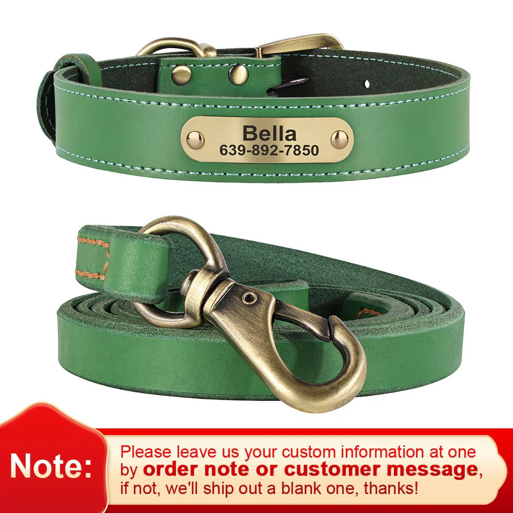 Dog Durable Genuine Leather Collar Leash Set