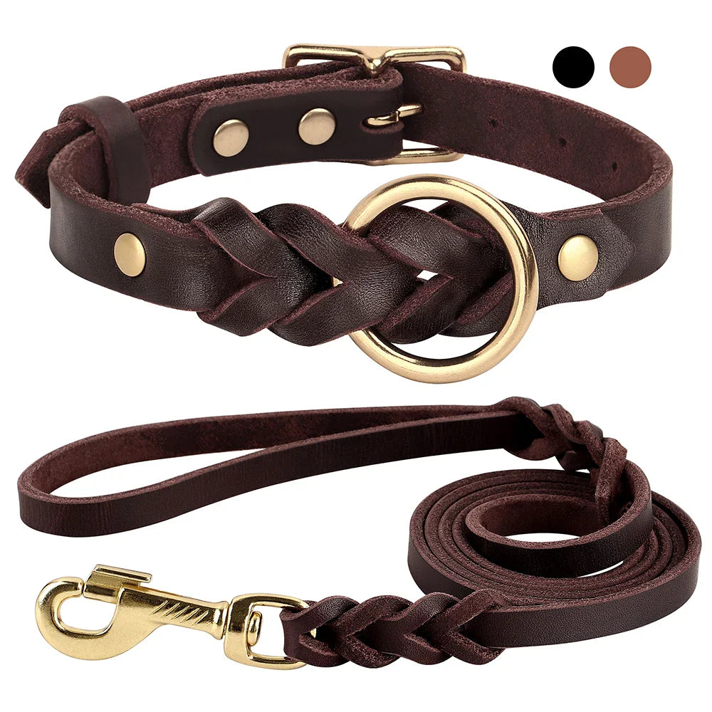 Dog Genuine Leather Collar Leash Set