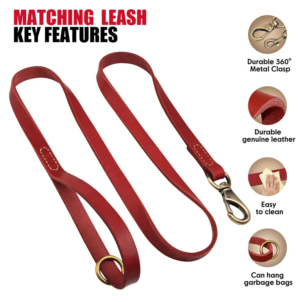 Dog Durable Genuine Leather Collar Leash Set