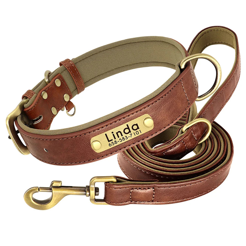Dog Customized Leather Collar Leash Set