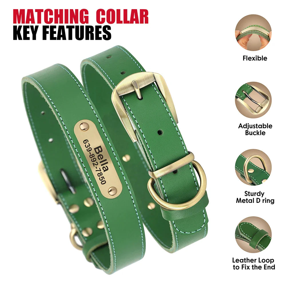 Dog Durable Genuine Leather Collar Leash Set