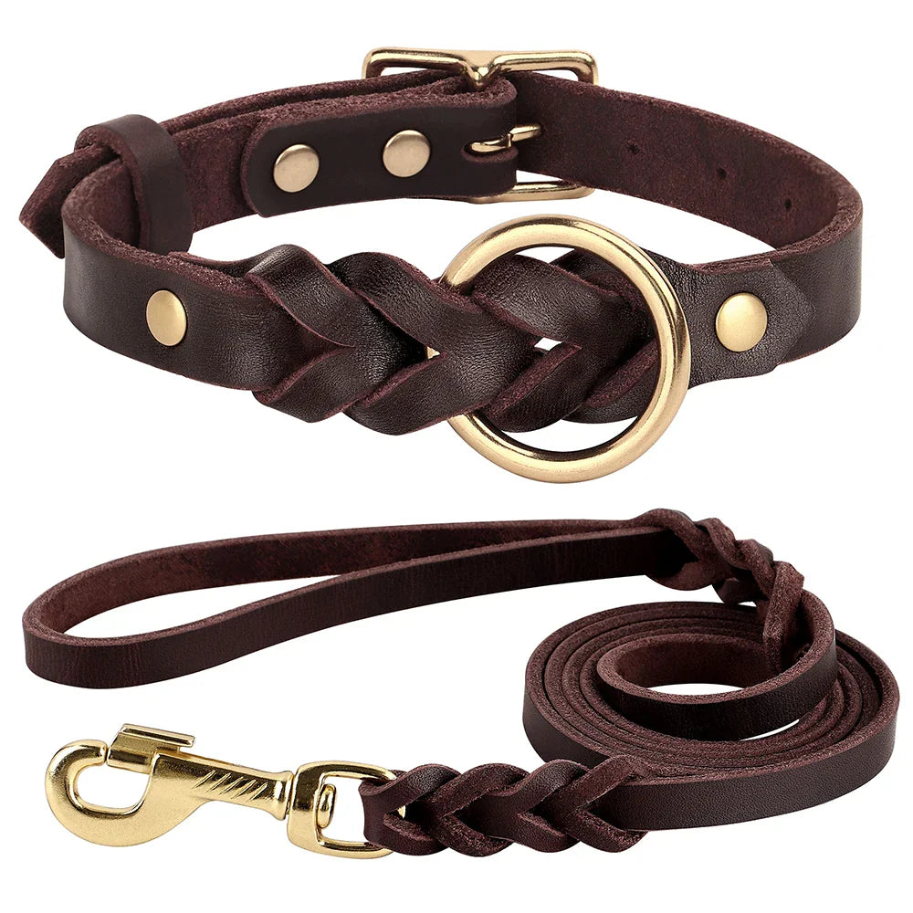Dog Genuine Leather  Collar Leash Set