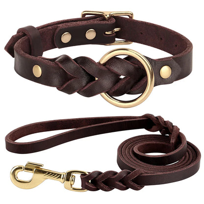 Dog Genuine Leather  Collar Leash Set