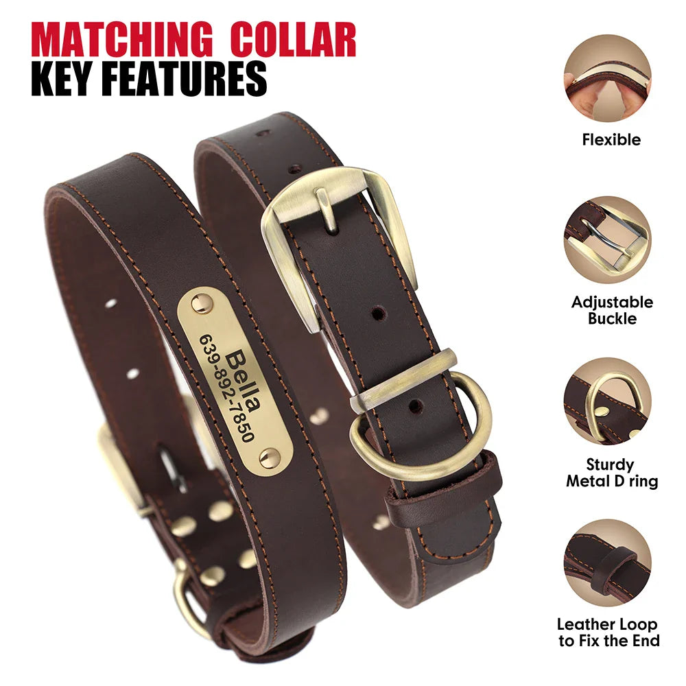 Dog Durable Genuine Leather Collar Leash Set
