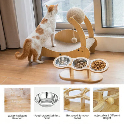 Cat 3 in 1  Wood Bracket Food Bowl