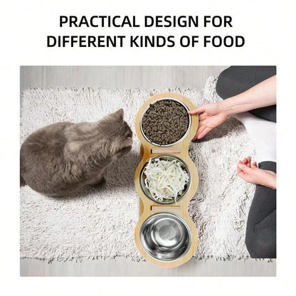 Cat 3 in 1  Wood Bracket Food Bowl