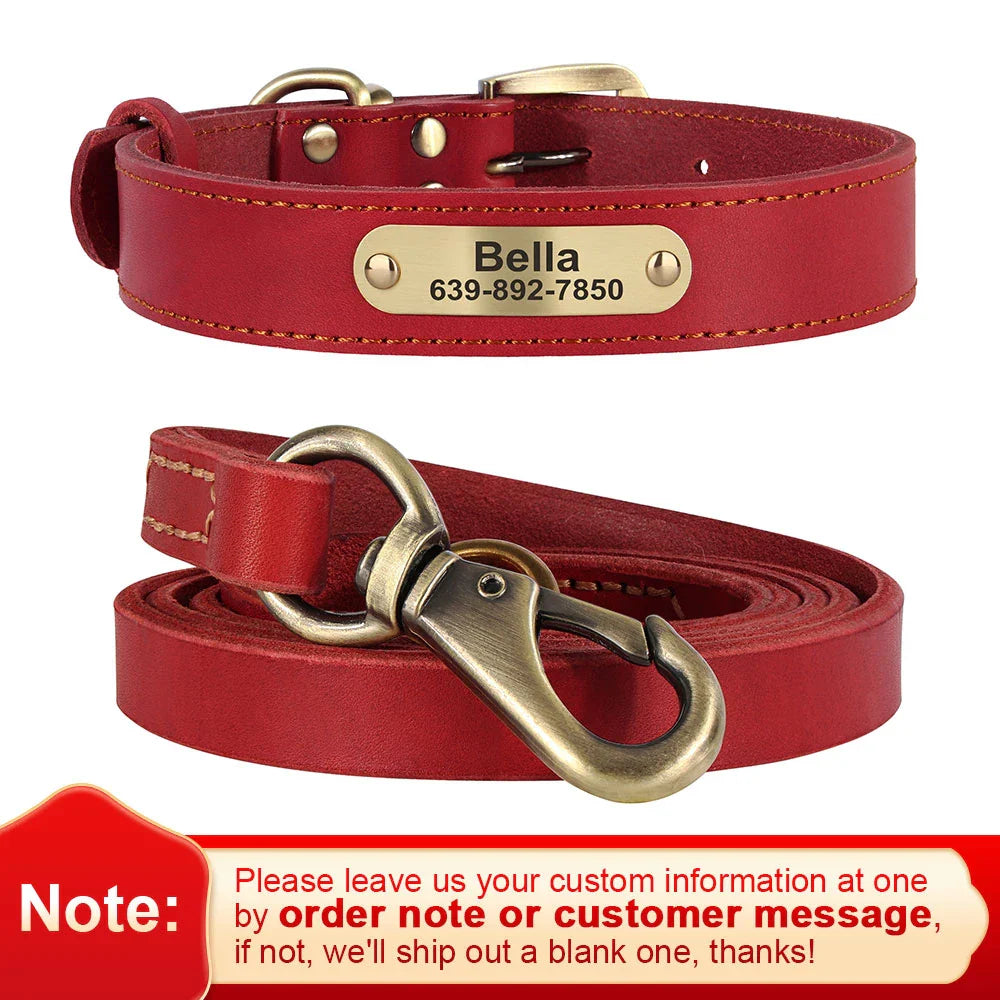 Dog Durable Genuine Leather Collar Leash Set