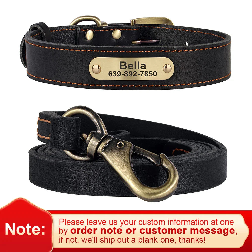 Dog Durable Genuine Leather Collar Leash Set