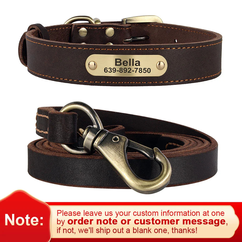 Dog Durable Genuine Leather Collar Leash Set