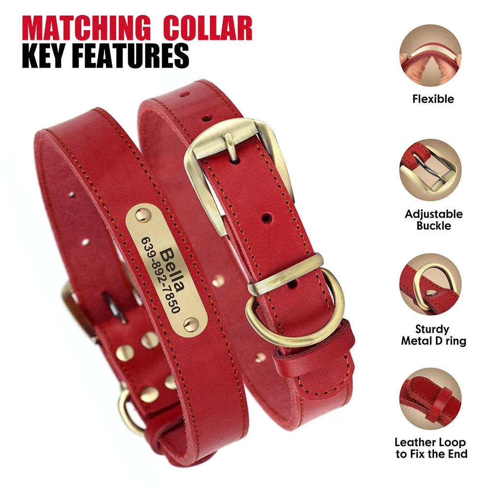 Dog Durable Genuine Leather Collar Leash Set