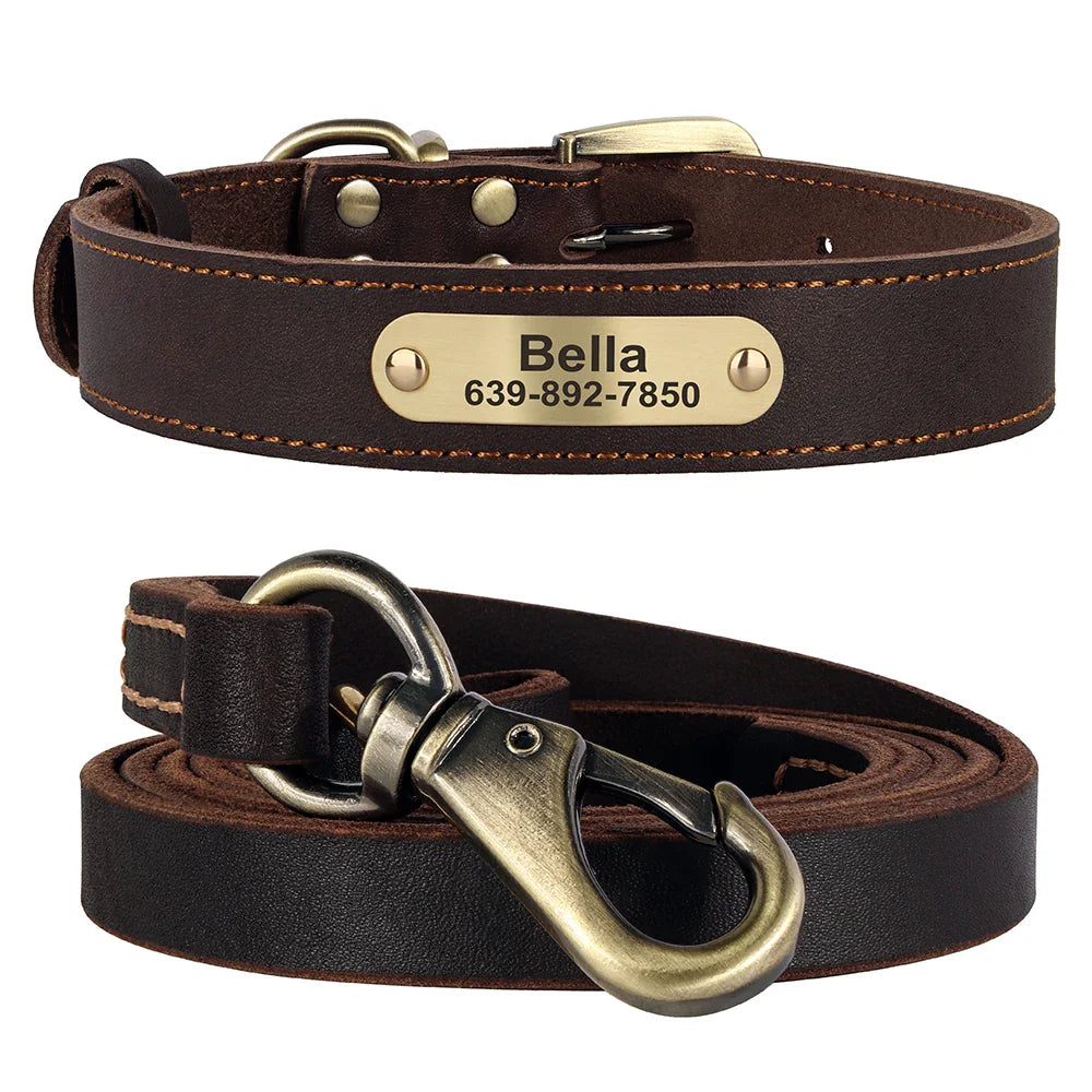 Dog Durable Genuine Leather Collar Leash Set