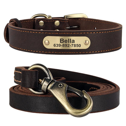 Dog Durable Genuine Leather Collar Leash Set