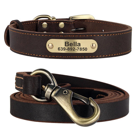 Dog Durable Genuine Leather Collar Leash Set