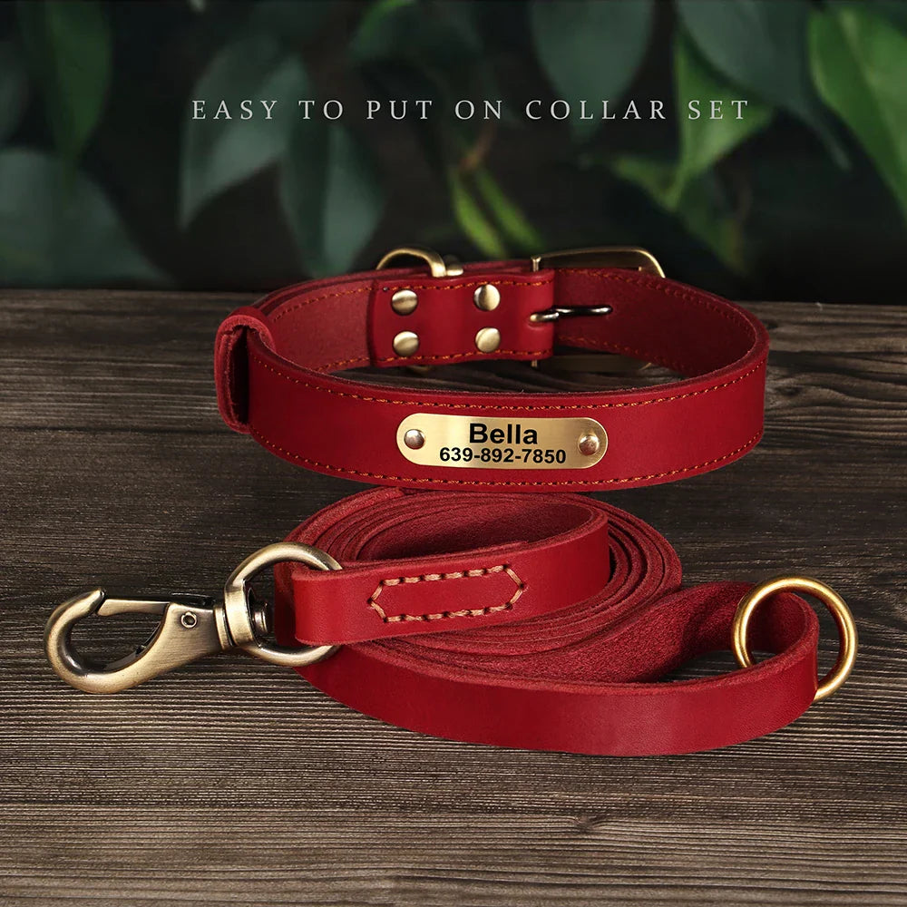 Dog Durable Genuine Leather Collar Leash Set