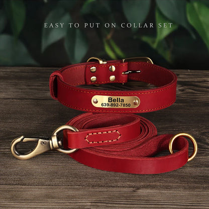 Dog Durable Genuine Leather Collar Leash Set