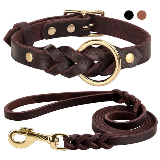 Dog Genuine Leather  Collar Leash Set
