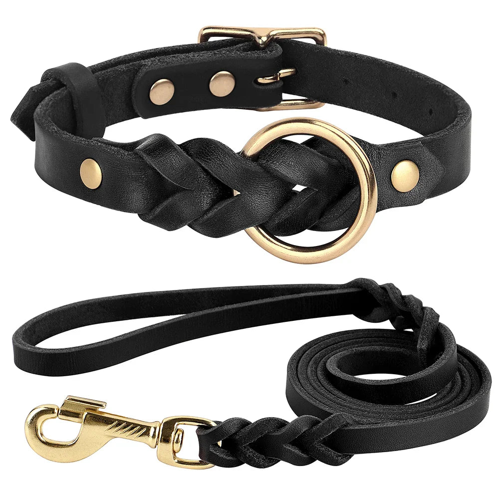 Dog Genuine Leather  Collar Leash Set